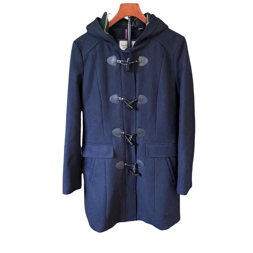 Preppy Tommy Hilfiger Navy Blue Wool Blend Hooded Toggle Duffle Coat Womens sz M